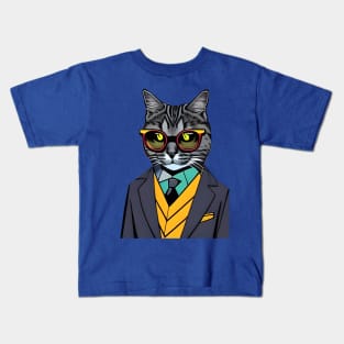 Cat Boss wearing a suit and sunglasses Kids T-Shirt
